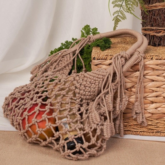 Tan Fashion Cotton Fringe Net Bag - Picture 2 of 2